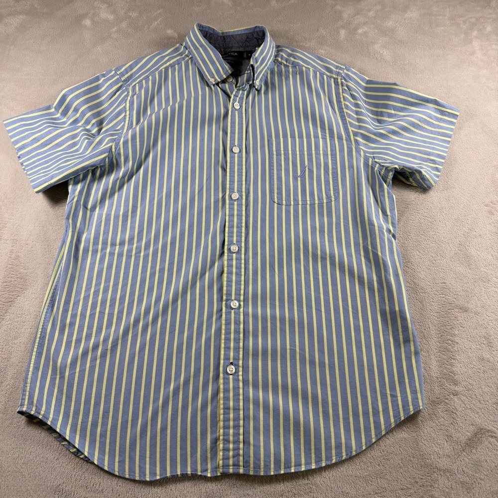 Nautica Classic Fit Shirt Men M Blue Yellow Stripe Short Sleeve Button Up